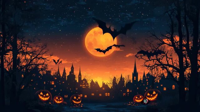 Halloween night with full moon over a spooky town filled with pumpkins and bats