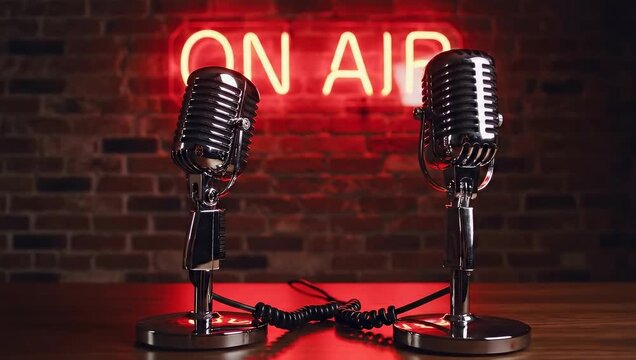 Retro Microphones Stand Together Under Bright Red Neon ON AIR Sign in Studio