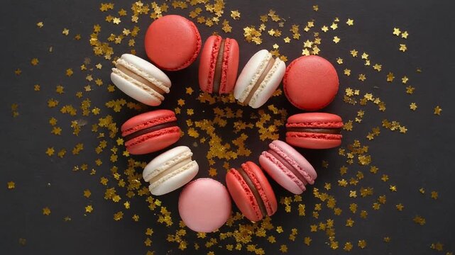 Colorful macarons are artistically arranged in a heart shape on a dark backdrop, surrounded by shimmering golden stars for added charm.