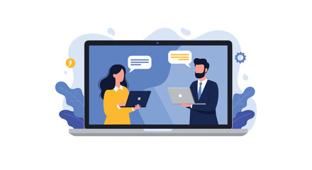Engaging virtual meeting with modern professionals collaborating online for business growth with laptop computers and speech bubbles in bright design