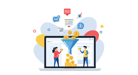 Drive leads and conversions with a dynamic marketing funnel on a modern laptop for your business, unlocking financial success through targeted efforts