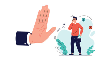 Fototapeta premium Turned down for funding? Shocked man with money gets denied opportunity in business venture, blocked by big hand of rejection