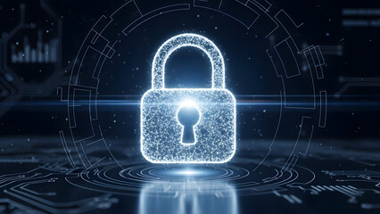 Digital Lock Icon with Futuristic Background and Security Concepts