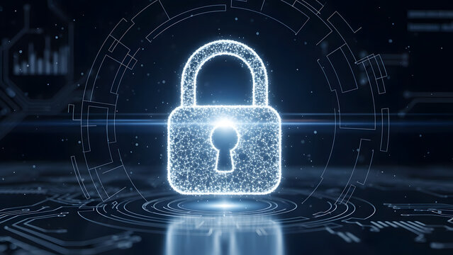 Digital Lock Icon with Futuristic Background and Security Concepts