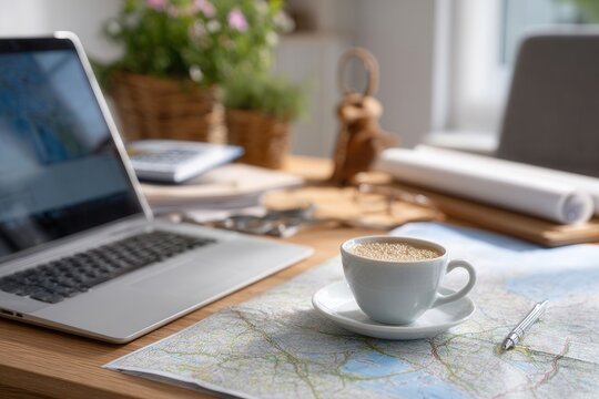 Workspace with laptop printed maps and a cup of coffee for planning travel routes or exploring new destinations during a bright morning - Powered by Adobe