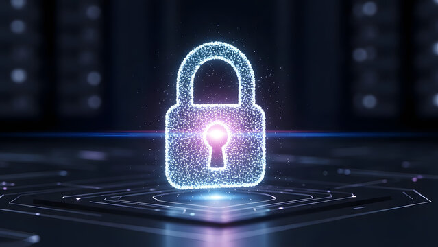 Futuristic glowing padlock symbol representing digital security and safety