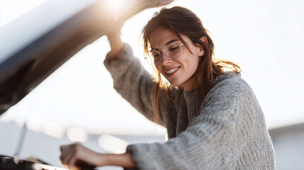 Smiling woman checking her car engine with open hood. Empowered female, selfreliance, routine maintenance, transportation, and roadside assistance concepts.