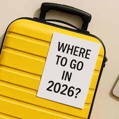 Planning future travels with a bright yellow suitcase featuring a travel location question