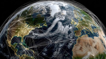 Freight connections visualized as illuminated lines across the globe at night showcasing key trade routes and links between continents