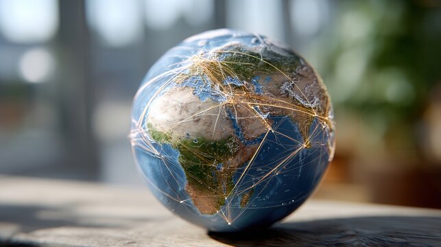Blue-toned Earth globe illuminated with transport routes representing global connections