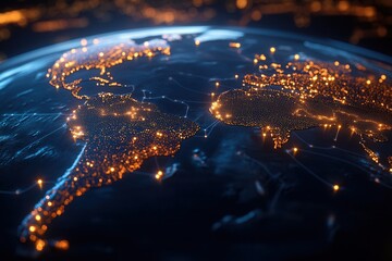 Global map visualization showing illuminated dots and connecting lines representing data flow across continents at night