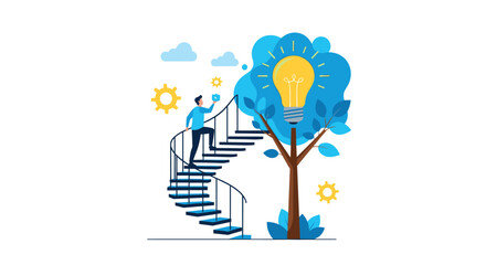 Climbing towards brilliant ideas concept, pursue innovation and growth with a tree of lightbulb inspiration and a spiral staircase