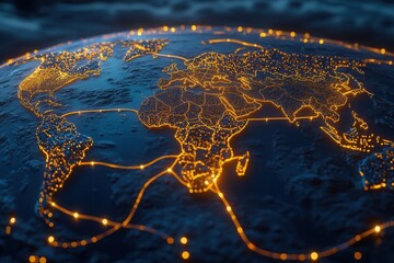 Continents highlighted with glowing pathways showing cargo routes connecting major hubs across the globe