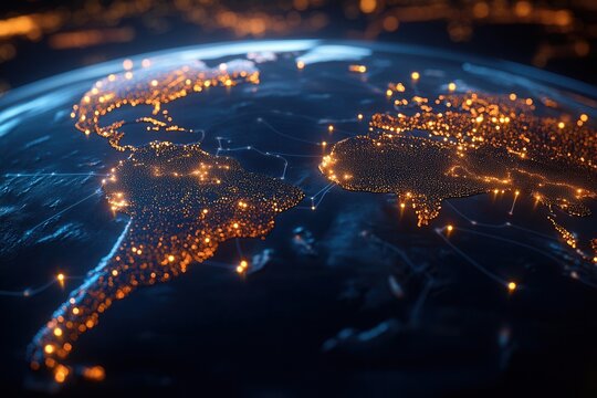 Global map visualization showing illuminated dots and connecting lines representing data flow across continents at night