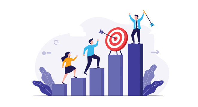 Motivated team climbing career ladder together, achieving goals with hard work, determination, and celebrating success in business and life