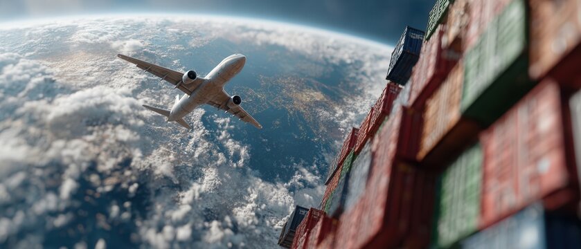 Flying above Earth with shipping containers stacked showcasing global trade and transportation in a dynamic view of our planet