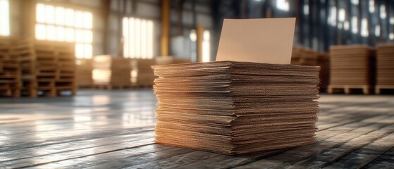 Obraz premium Cardboard sheets stacked neatly in a well-lit factory space during daytime operations showcasing organized material storage