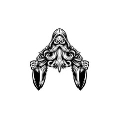 black and white logo illustration of an old witch