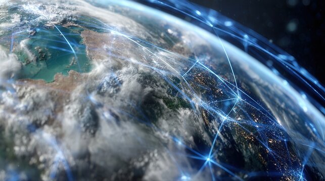 Holographic planet displaying logistics network with silhouettes representing global connectivity and communication in an advanced tech setting