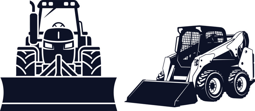 Silhouettes of a Bulldozer and a Skid Steer Loader on White Background Keywords: bulldozer, tractor, construction vehicle, heavy