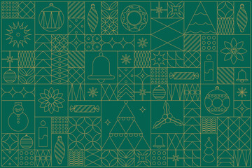 A luxurious Art Deco Christmas background, vector image. A Christmas tree, star, ball, and candle on a dark green background. Illustration design for cover, poster, and wallpaper