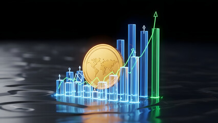 Digital Financial Growth Concept with Graphs and Coin on Black Background