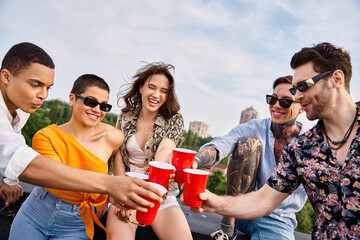 Fototapeta premium Young friends celebrate friendship and joy while partying on the roof under the bright sky