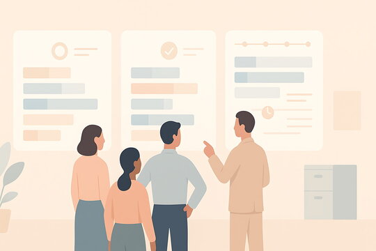 pmo project management office timeline review minimal flat illustration