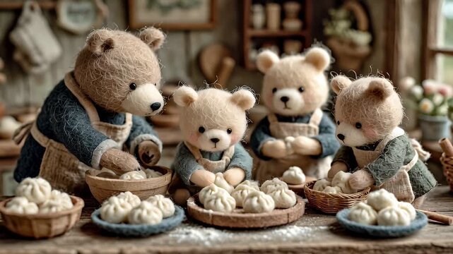 Teddy bears preparing food in kitchen setting with dumplings