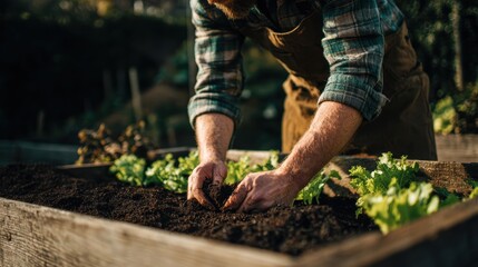Naklejka premium Farmer Planting Lettuce in Garden Bed Outdoor Rural Scene
