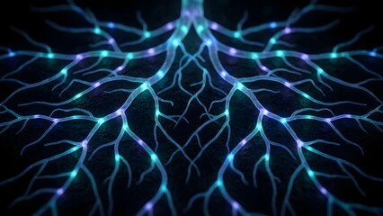 Symmetrical bioluminescent-style plant roots glowing in neon blue, teal and violet. Futuristic, bio-tech aesthetic perfect for AI, biotech and sci-fi visuals.