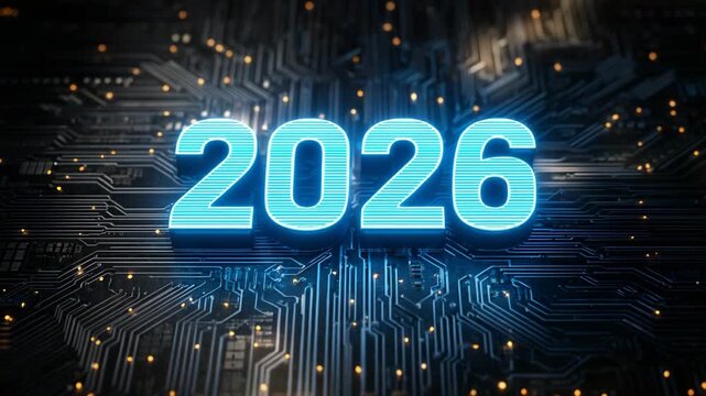 Futuristic glowing blue neon 2026 year number superimposed over intricate dark circuit board