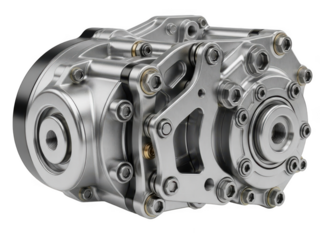 Polished metal mechanical gearbox assembly isolated on transparent background