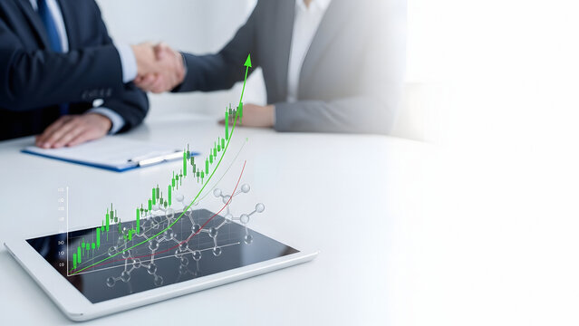 Rising financial graph on tablet representing pharmaceuticals industry growth