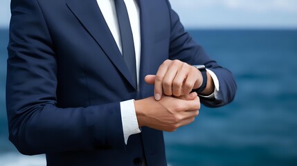 Businessman in navy suit adjusting sleeve cuff with ocean backdrop, portraying confidence and professional elegance in corporate lifestyle.