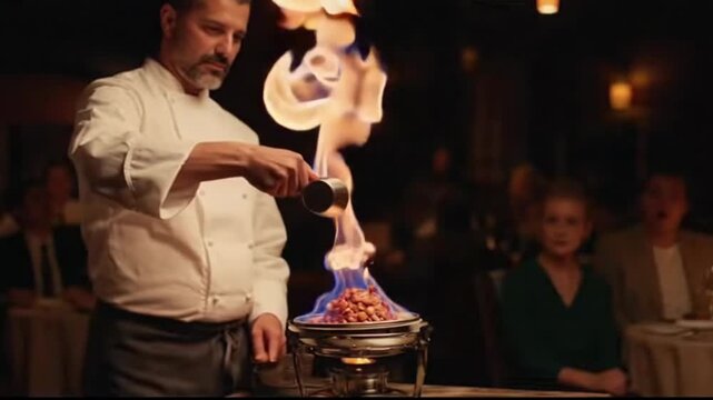 With flair and skill, a chef creates a stunning dessert by igniting it, filling the dimly lit restaurant with vibrant flames. Guests share looks of amazement as they enjoy the magical moment.