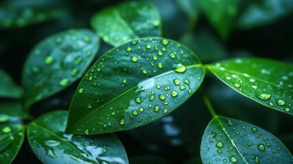 Close-up of water droplets on green leaves after rain in a lush garden setting during early morning light - Powered by Adobe