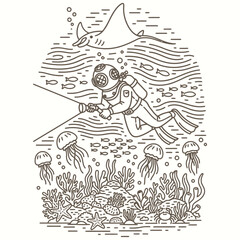 Deep Sea Diver with Flashlight Exploring Ocean Floor Monoline Vector