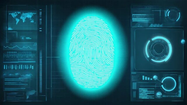 Glowing Cyan Fingerprint Scan Surrounded by Futuristic Data Displays and World Map biometric