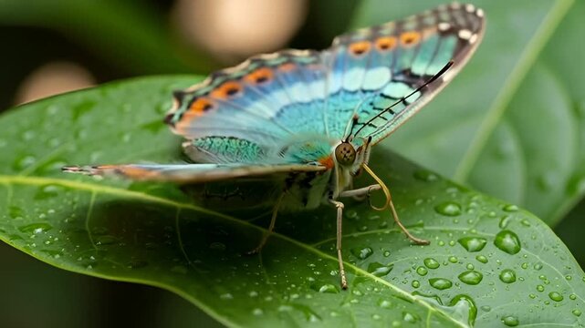 Stunning butterfly with vibrant turquoise wings resting on a dewy green leaf