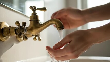 Washing hands under running water from a golden faucet in the bathroom.