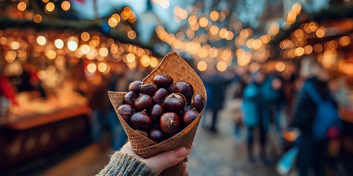 Roasted chestnuts in paper cone held at festive winter market with blurred bokeh lights and crowd in background.