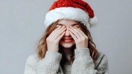 Young woman in Santa hat covering eyes with hands while smiling, wearing cozy gray sweater against neutral background. Perfect for holiday season marketing.