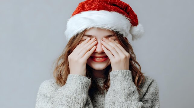 Young woman in Santa hat covering eyes with hands while smiling, wearing cozy gray sweater against neutral background. Perfect for holiday season marketing.