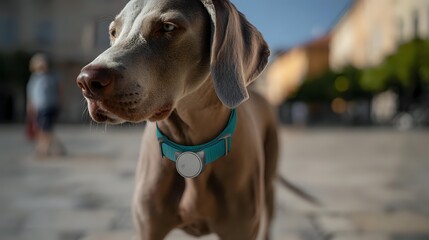 Weimaraner dog with blue collar in urban setting, shallow depth of field portrait against blurred city square background.