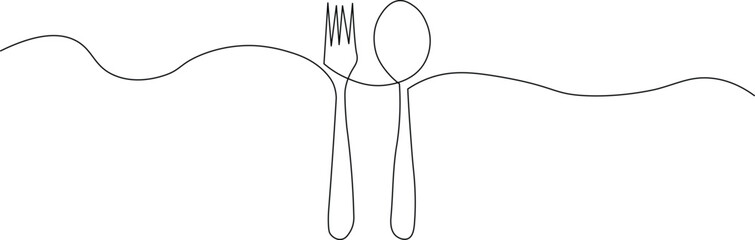 Elegant one-line drawing of a fork and spoon for modern minimalist kitchen decor or restaurant branding, conveying simplicity and clean eating, perfect for food blogs or culinary art projects