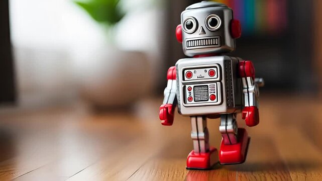 Vintage toy robot walking on wood floor in a retro style home decor, childhood