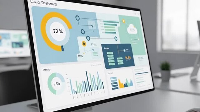 Dynamic cloud dashboard on monitor displaying real-time analytics and data metrics for business strategy and professional presentation