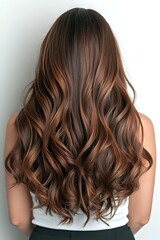 Naklejka premium Back view of woman with long wavy brunette hair featuring caramel balayage highlights against white background, showcasing modern salon styling.