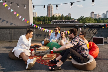 Friends celebrate life at a rooftop party with laughter and great food in a joyful setting